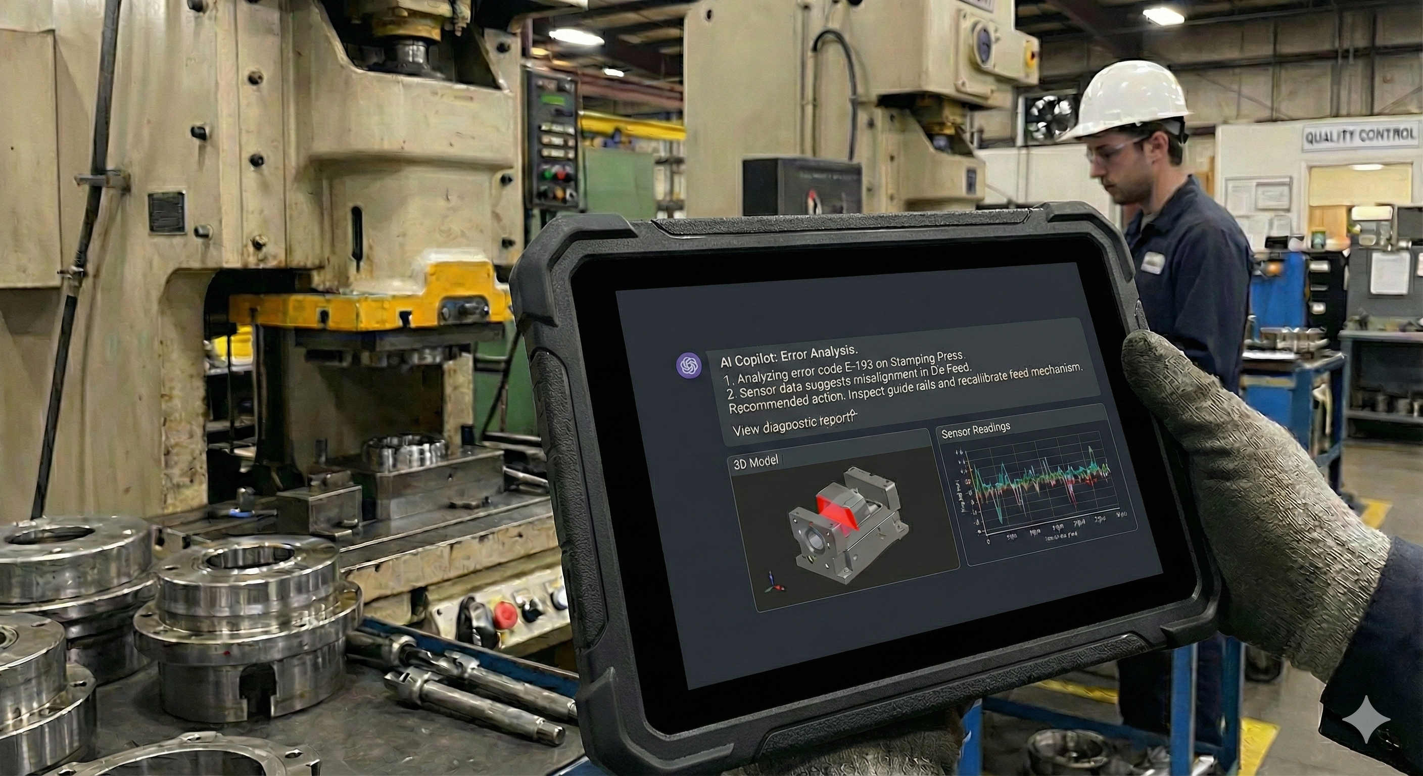Hiqli tablet interface showing AI-powered knowledge assistant on factory floor